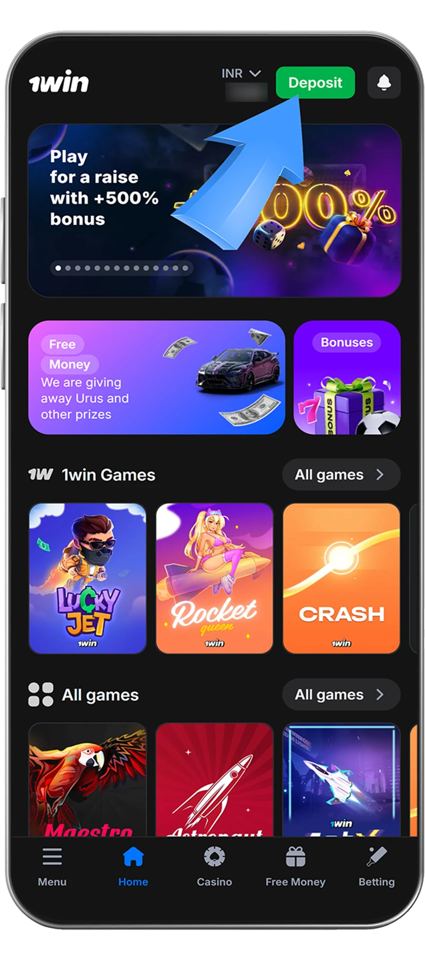 Simple instructions for finding the deposit section at 1Win casino.